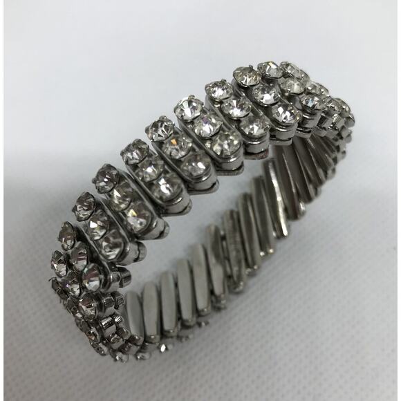Vintage Three Row Clear Rhinestone Stretch Bracelet British Hong Kong - Picture 5 of 8